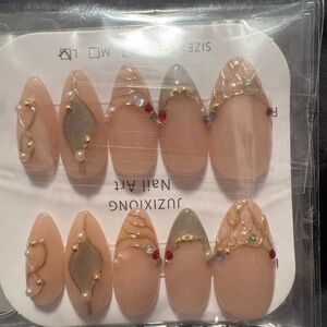 Peach Nude Press-On Nails with Gold & Gem Accents - Women Makeup